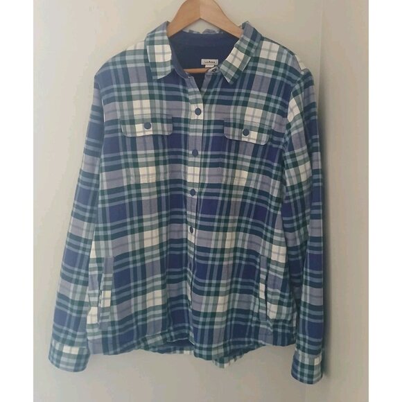 LL Bean Fleece-Lined Flannel Shirt Size Large Blue Shacket Snap-Front Plaid - Picture 5 of 11